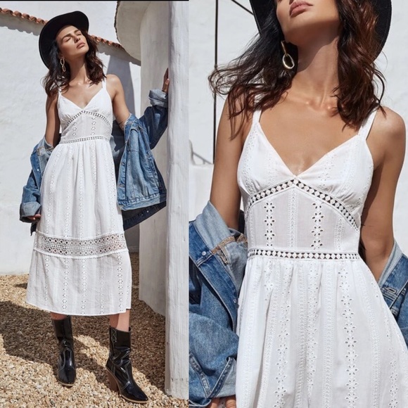Dresses & Skirts - Shirred Eyelet Cami Schiffy Slip Dress Midi White